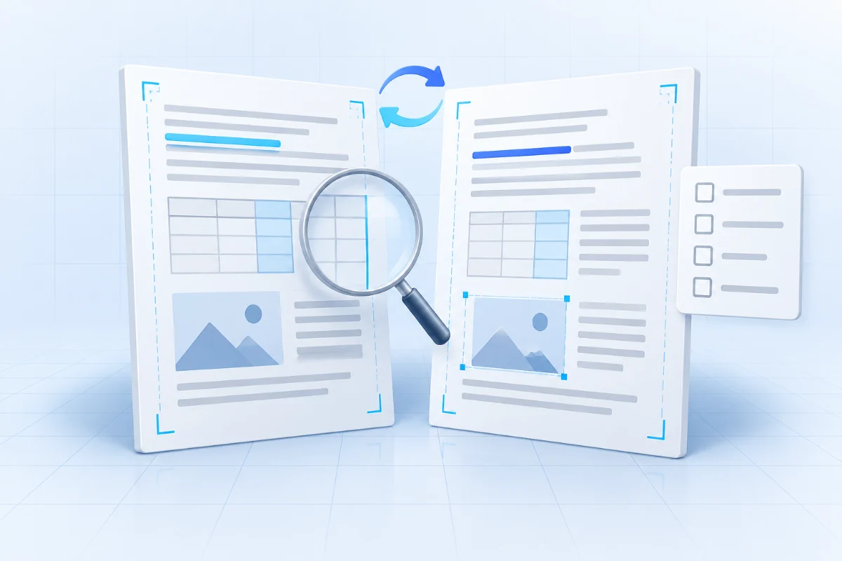 Illustration of comparing two documents and checking text, tables, image placement, and page margins.